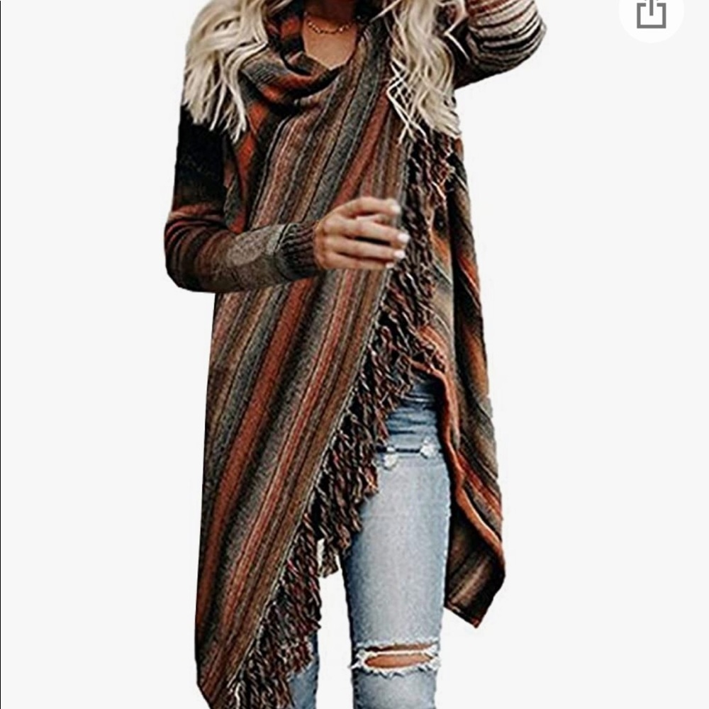 Open Front Knited Tassels Slash Loose Cardigan Crew Neck Speckled Fringe Sweater